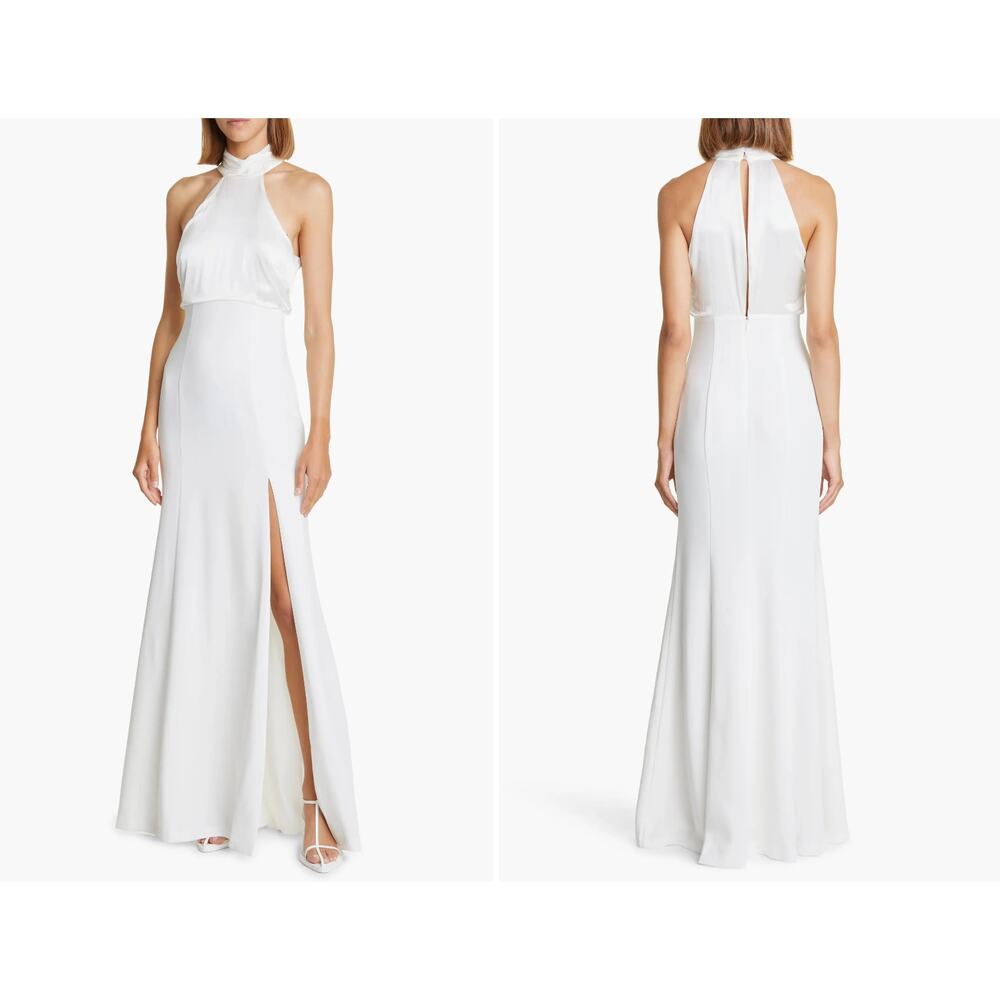 Cinq a Sept Ivory White Satin Alexandra Halter Neck Gown Size 2